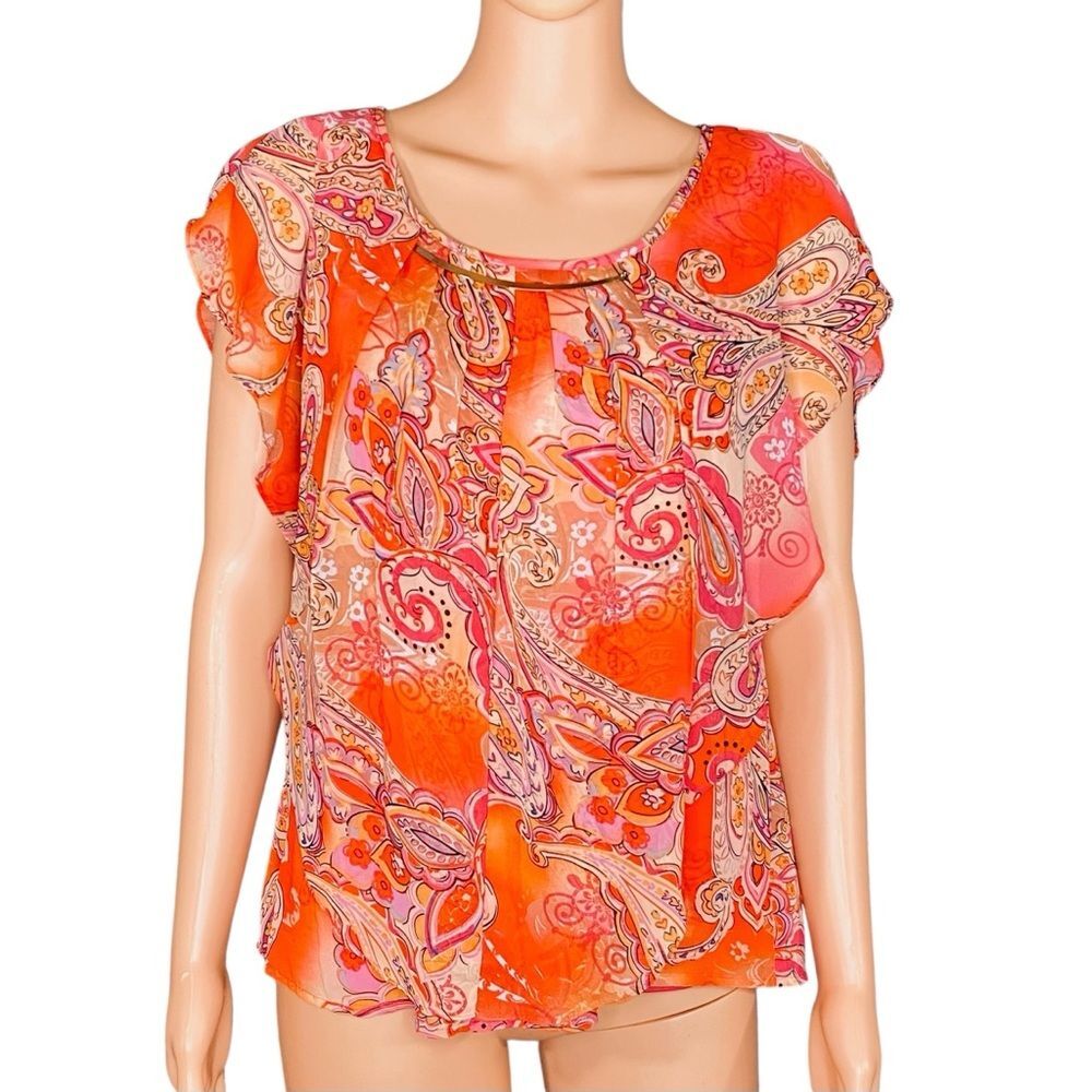 Sara Michelle Flowy Blouse Fairycore Aesthetic Paisley Print SZ PM Frilly Sleeve